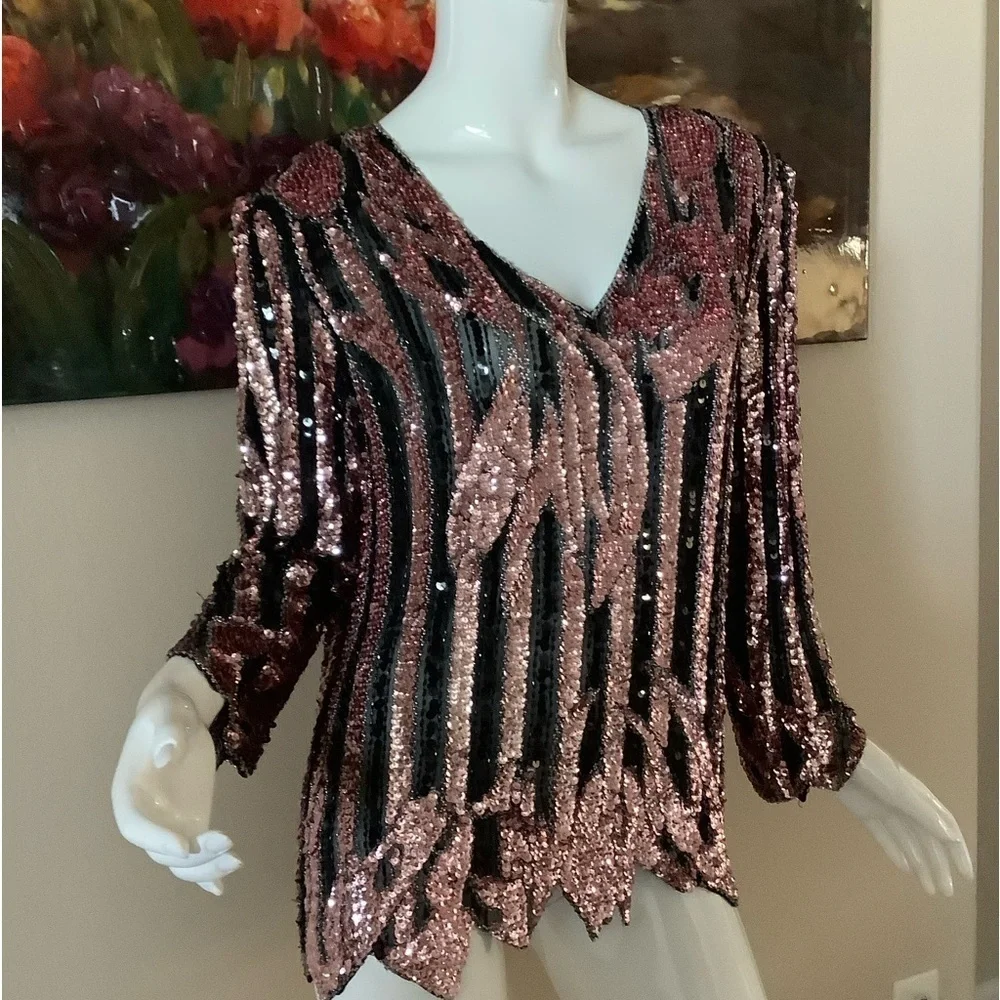 Vintage Sho Max Baby Pink Sequin Top with Rhinestones - Picture 5 of 12